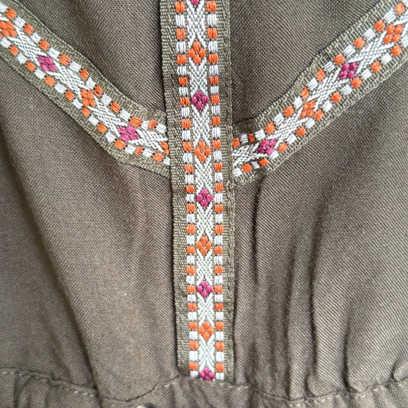Anthropologie Edme and Esyllte Olive Peasant Boho Dress W Ribbon Trim Medium - Picture 6 of 12